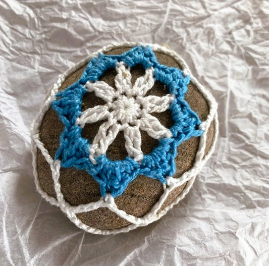 Crocheted Stone - White and Blue Mandala