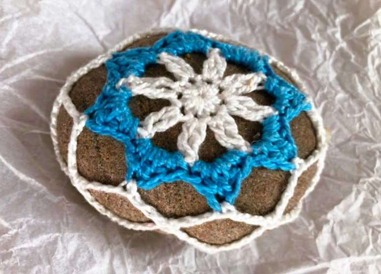 Crocheted Stone - White and Blue Mandala