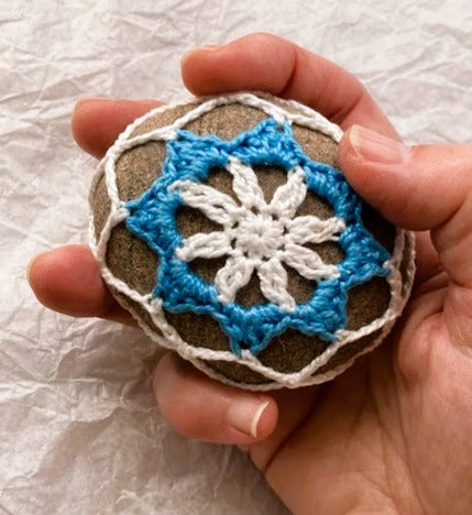 Crocheted Stone - White and Blue Mandala
