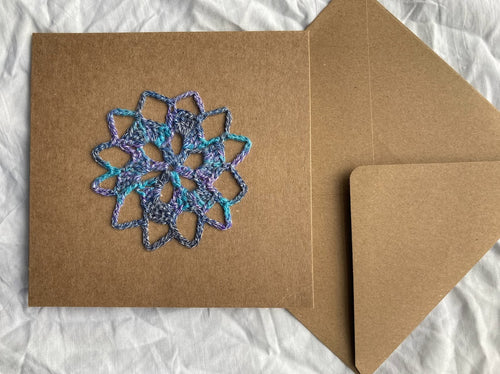 Crochet Mandala Card 100% Recycled materials. Blank message.