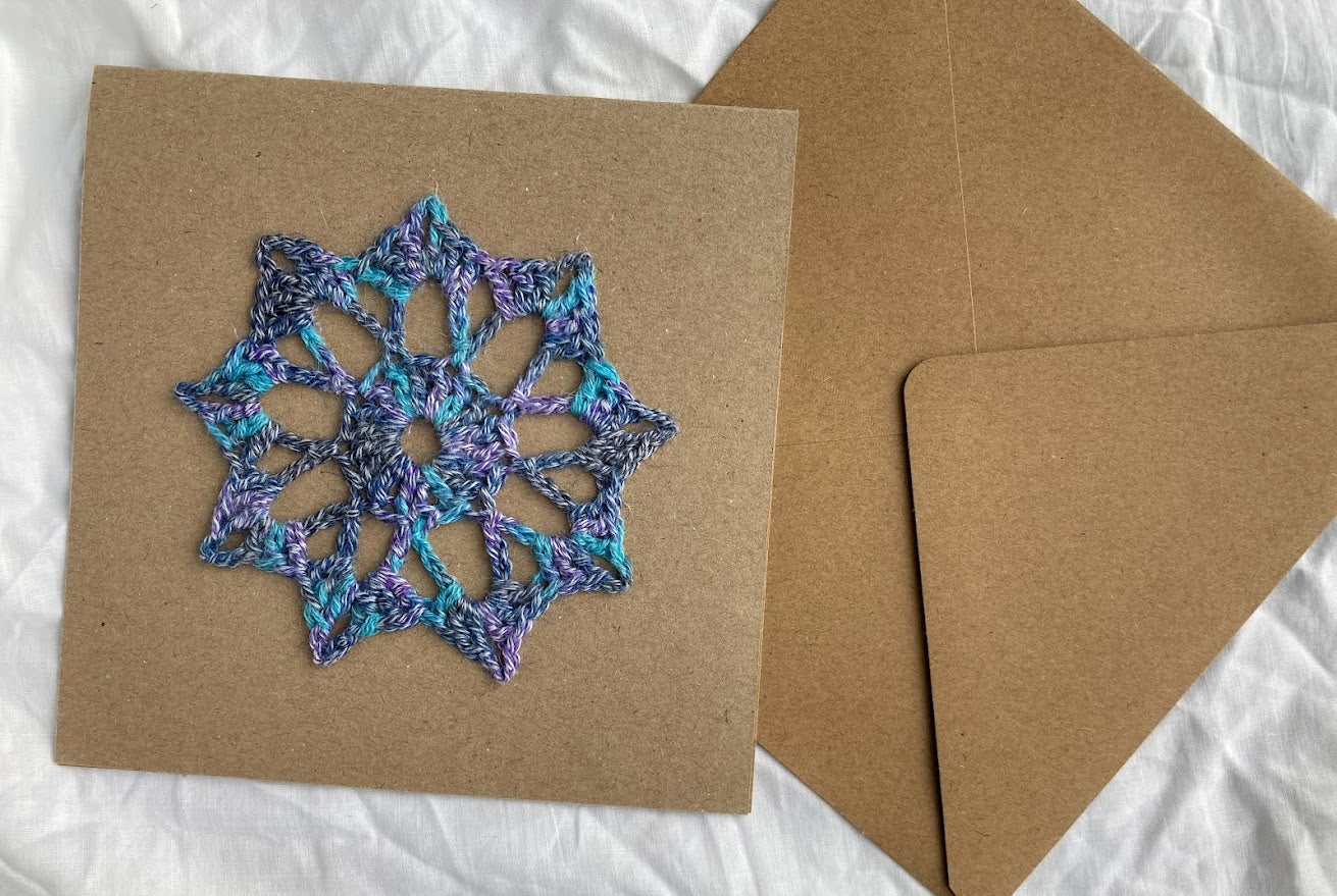 Crochet Mandala Card 100% Recycled materials. Blank message.