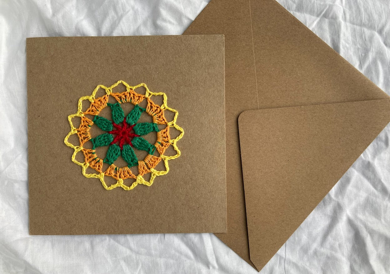 Crochet Mandala Card 100% Recycled materials. Blank message.