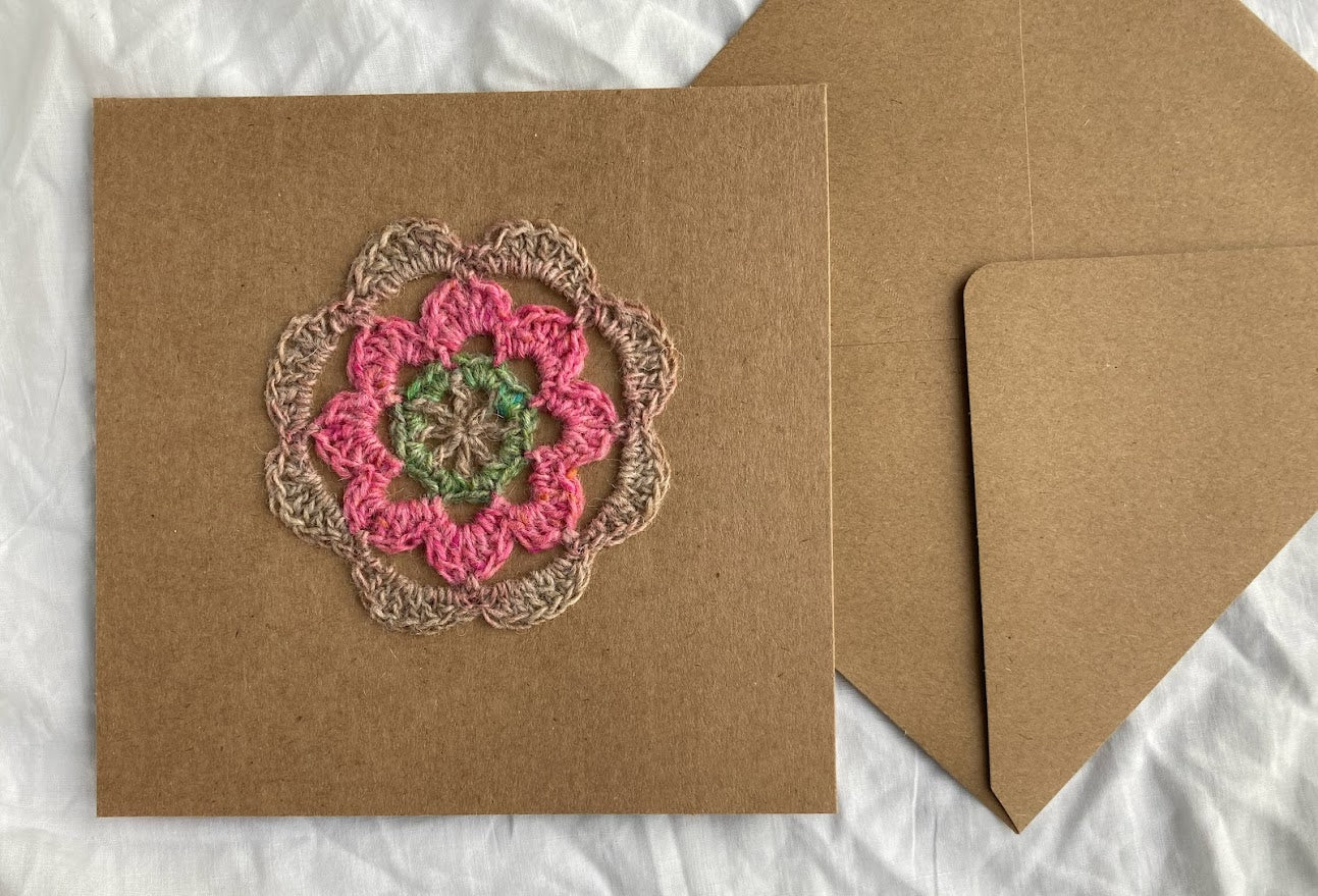 Crochet Mandala Card 100% Recycled materials. Blank message.