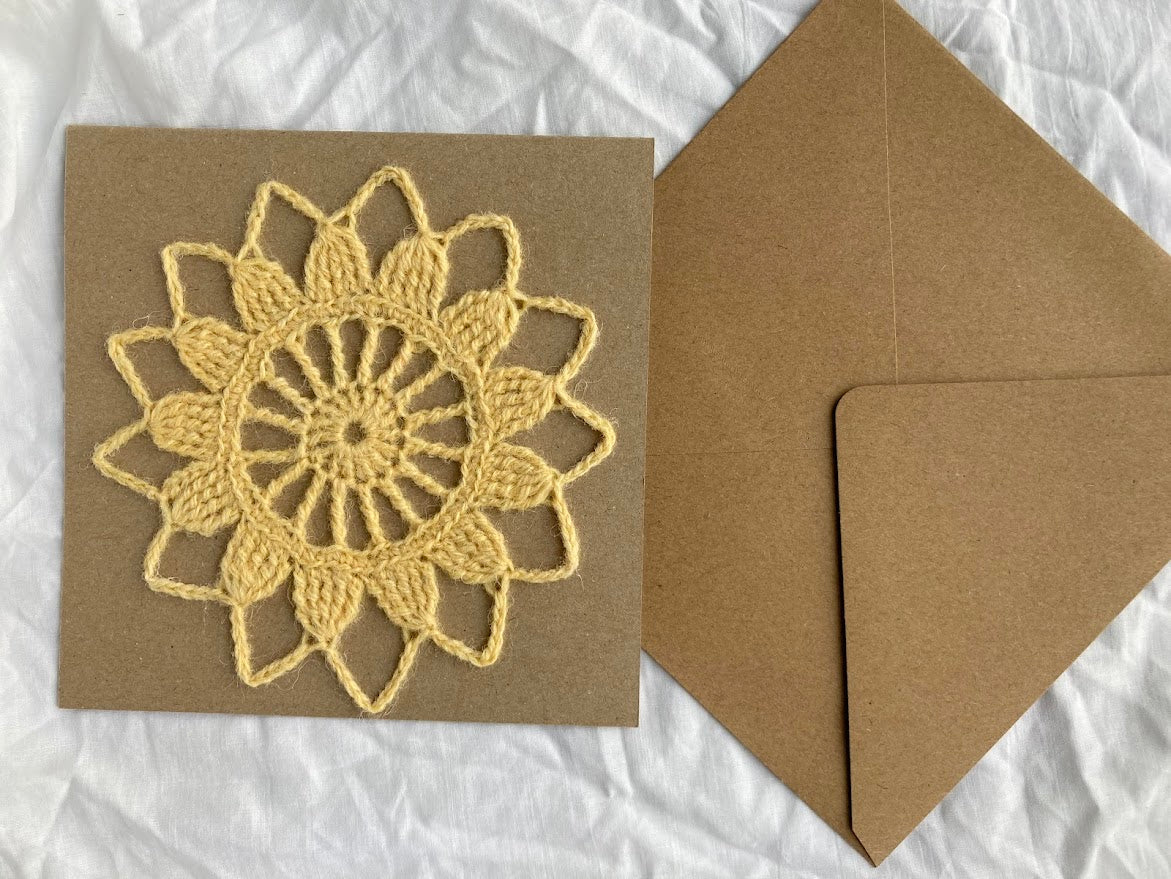 Crochet Mandala Card 100% Recycled materials. Blank message.